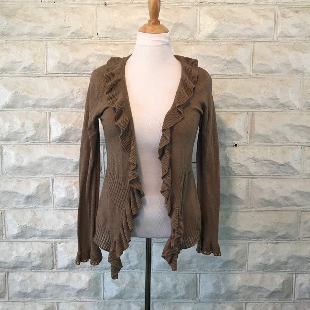 LAURIE B.:Stunning Ruffled Tan Knitwear Cardigan L
